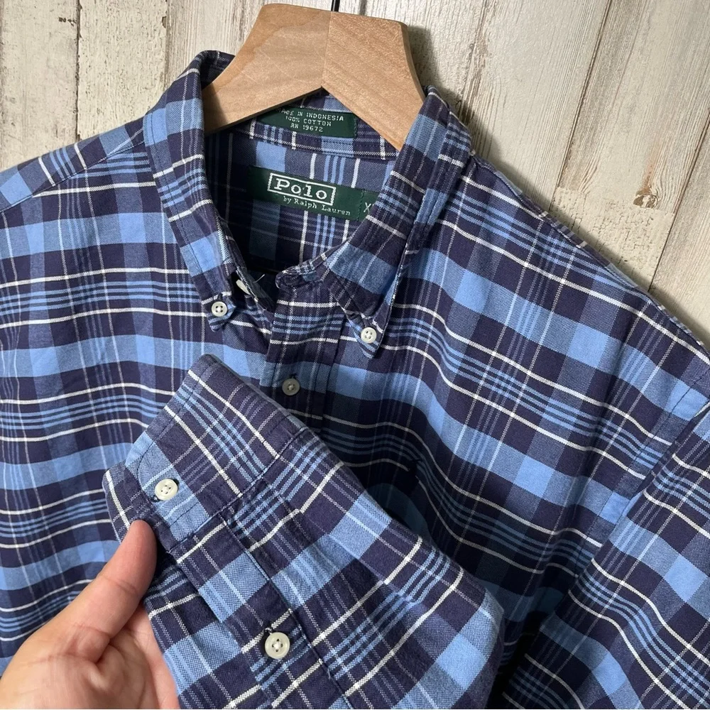 Vintage Polo Ralph Lauren Plaid Blue‎ Button Down Long Sleeve Shirt Mens Medium